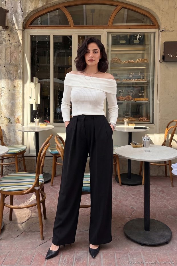 Pile Detailed High Waist Wide Leg Pants Women's Pants 668Yp5576