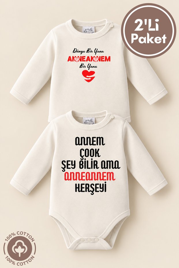 Unisex 100% Organic Cotton Grandma Printed 0-12 Months 2-Piece Long Sleeve Baby Bodysuit