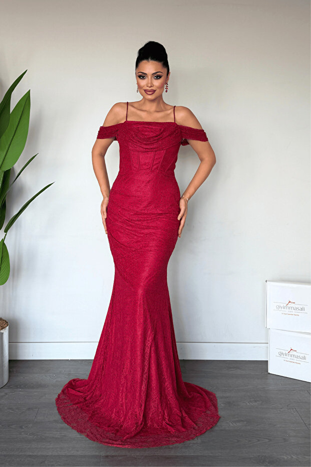Lace Fabric Stone Detailed Evening Dress - Red