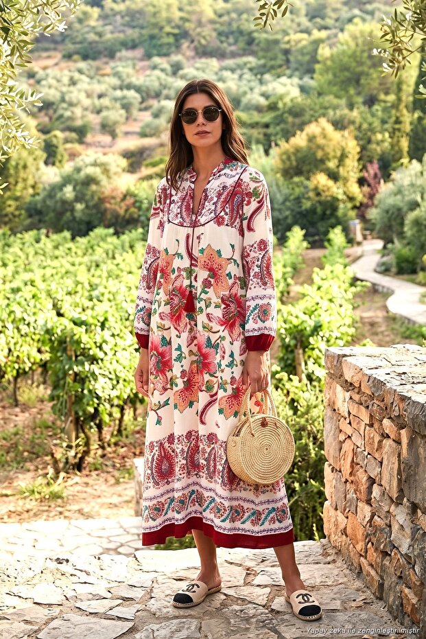 Modest Patterned Regular Fit Tie-Up V-Neck Maxi Dress Women Dress 611El510