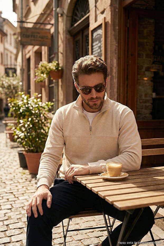 Cotton Regular Fit Half Zipper Stand Collar Sweater Men's Sweater 456112