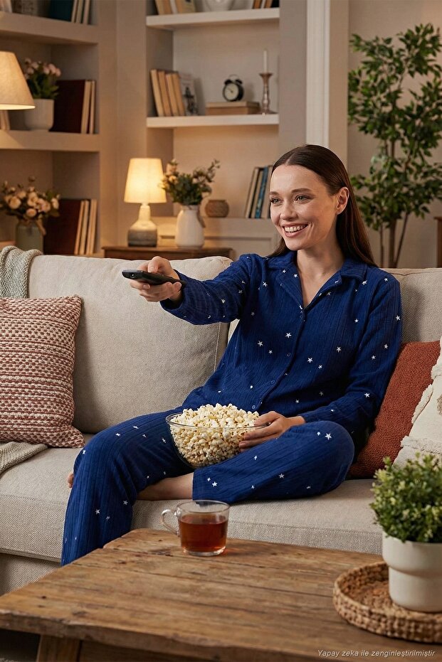 Regular Fit Shirt Collar Front Buttoned Fleece Pajama Set Women's Pajama Set 6571009W4