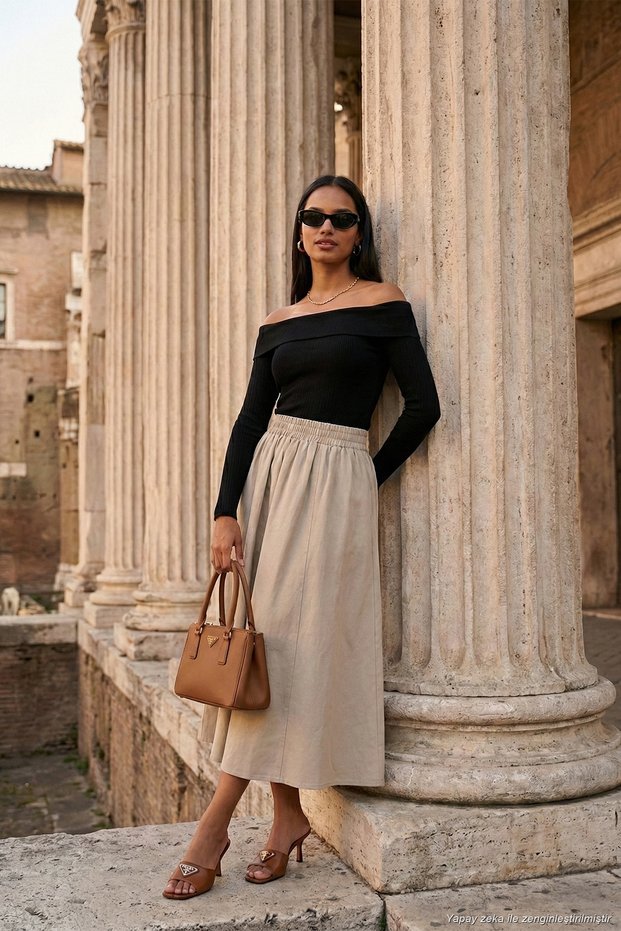 Cotton Blend Regular Fit Elastic Waist Midi Length Skirt Women's Skirt 6921268