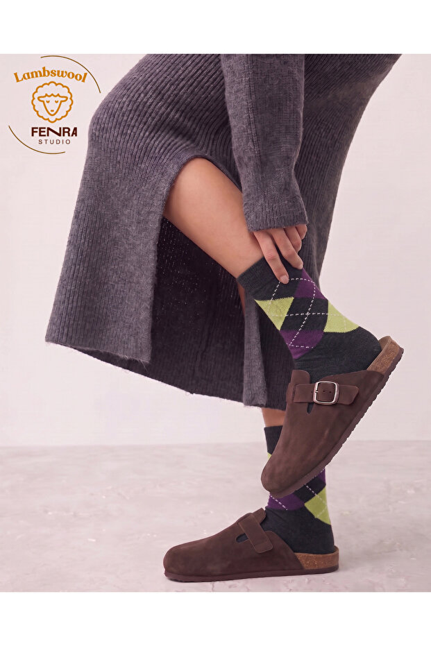 Women's Winter Thermal Wool Warm Lambswool Anthracite Yellow Purple Diamond Pattern Socks
