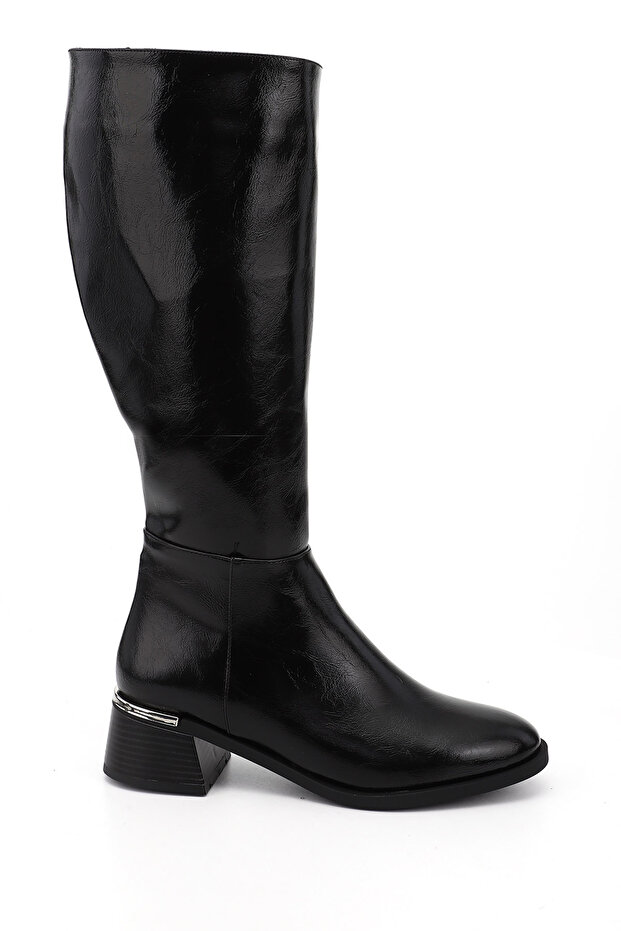 Women's Black Zippered Thick Heeled Boots