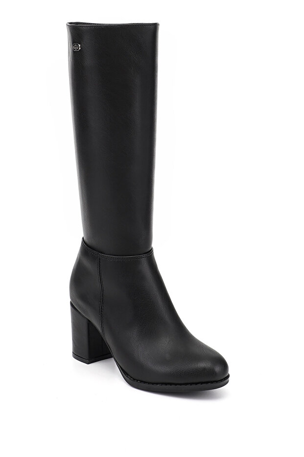 Women's Black Round Toe Zippered Thick Heeled Boots