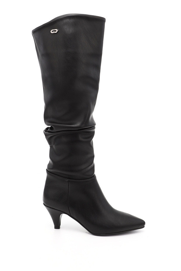Women's Black Pointed Toe Bellows Thin Heeled Boots