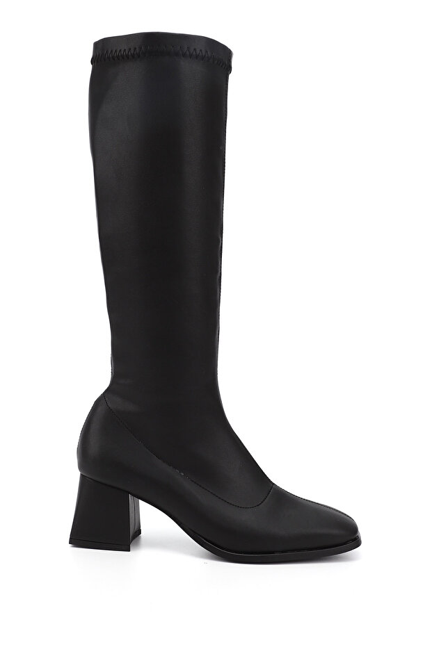 Women's Black Zippered Blunt Toe Thick Heeled Stretch Boots