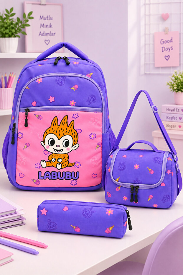 Labubu Themed 3-Piece Primary School Bag Set – Backpack, Lunch Bag, and Pencil Case