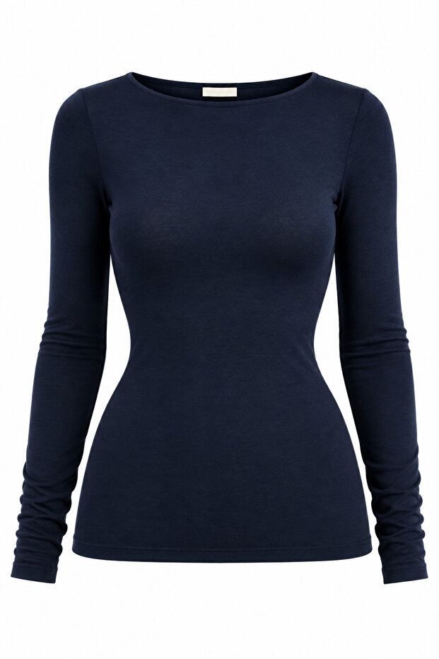 Navy blue boat neck modal cashmere blouse
