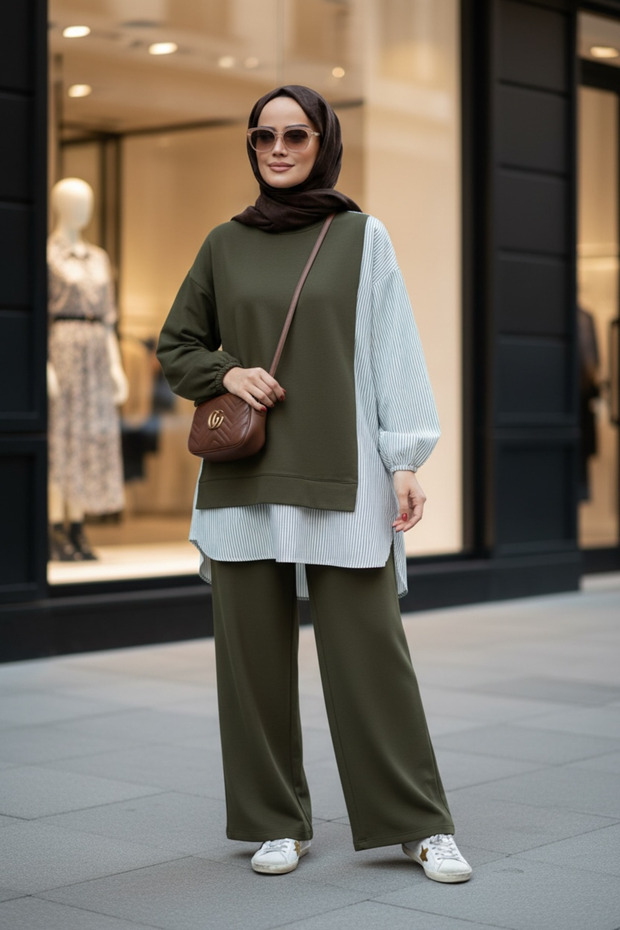 Line Shirt Detailed Green Two-Piece Set