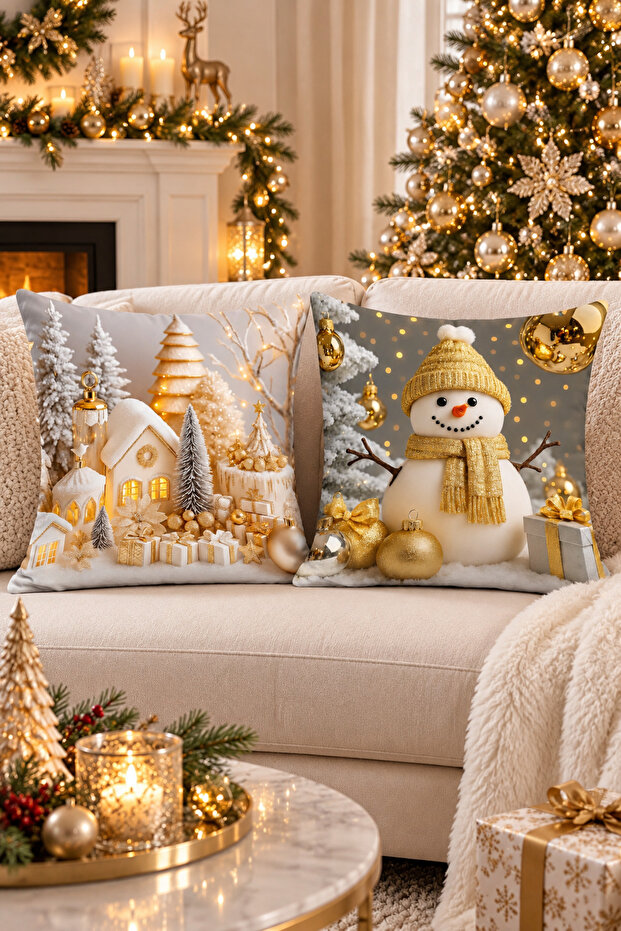 Christmas Themed Santa Claus Deer Theme Gold Patterned 2-Piece Digital Printed Pillow Cushion Cover