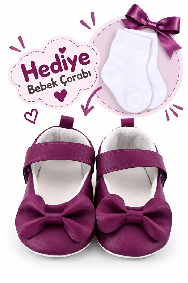 Baby First Step Shoes Fabric Orthopedic Non-Slip Bottom Sole with Bow and Velcro Tape Zest Model
