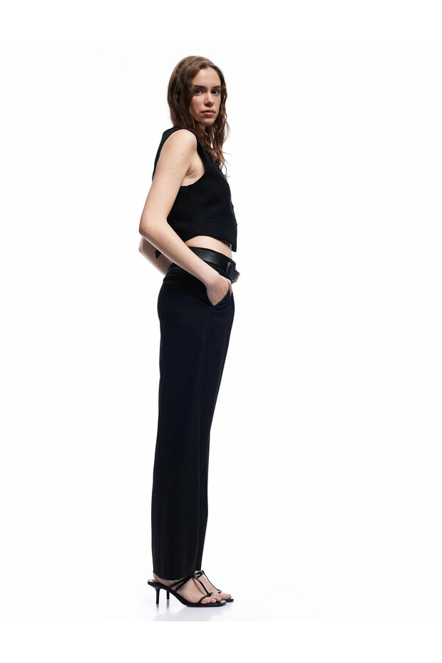 Pocket Detailed Viscose Blended High Waist Wide Leg Fabric Trousers