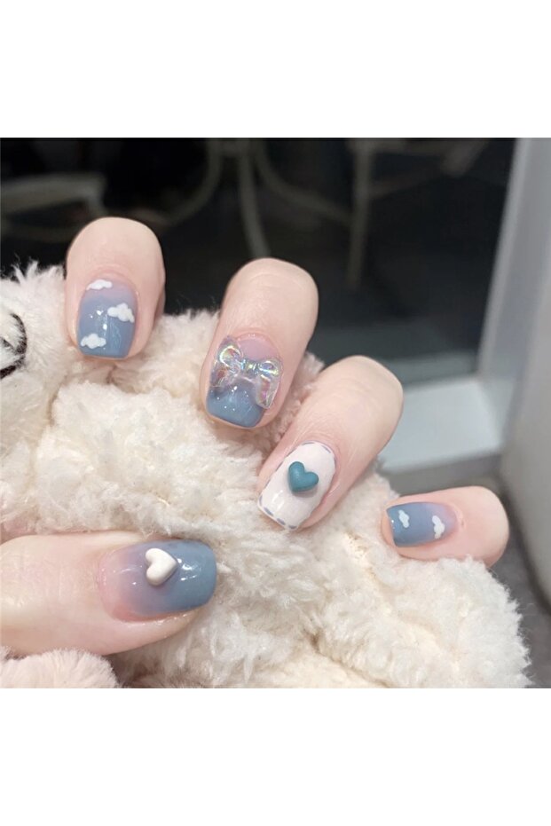 Z-276n 24pcs Short Square Round Fake Nails Blue Sequin Design Press on Nails Full Cover Artificial F