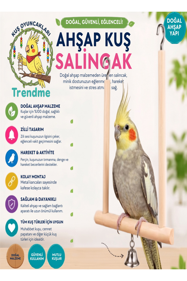 Trendme Wooden Bird Swing with Bell (Large Size)