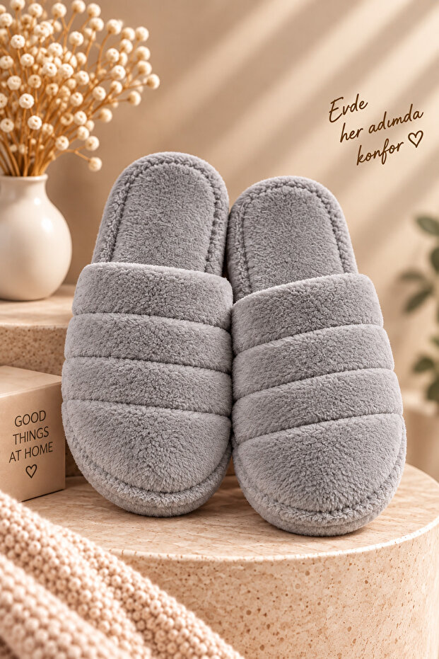 Gray Plush Women's House Slippers