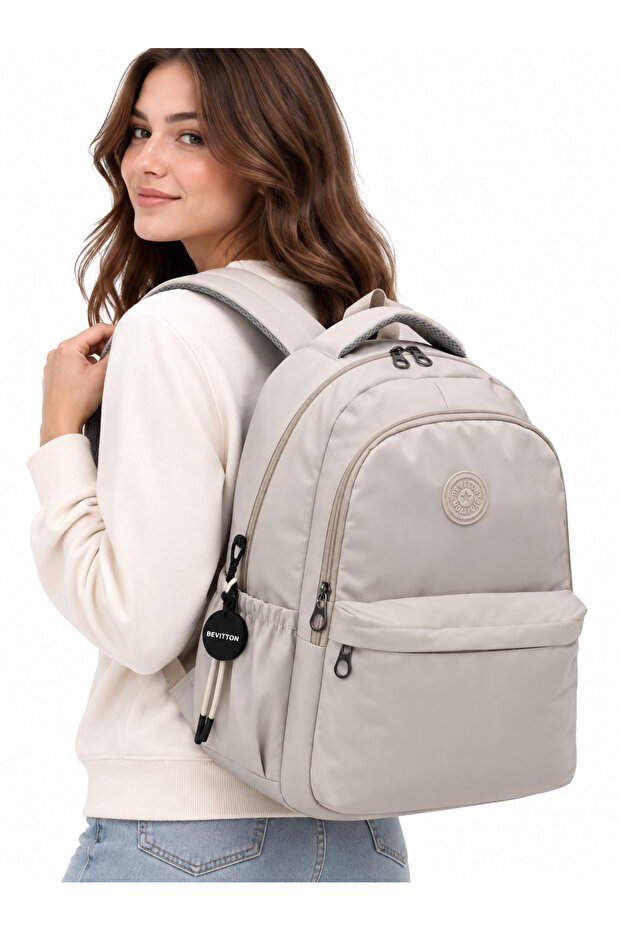 Multi-Compartment Daily School Backpack Waterproof Fabric Unisex School Bag 2200 Beige