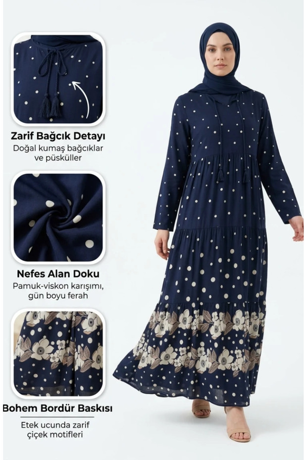 Viscose Fabric Polka Dot Layered Dress 5587-01 Navy Blue