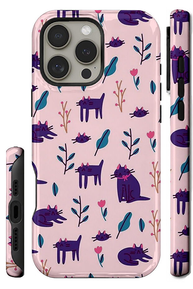 iPhone 15 Pro Compatible - Flowers and Cats, Glossy Surface Protective Case