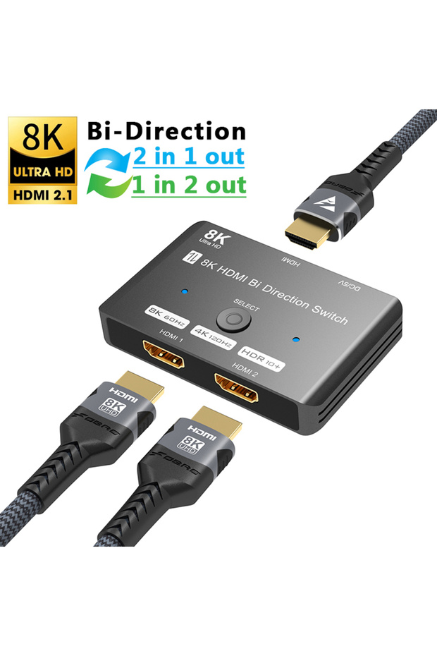8K HDMI 2.1 Switch 8K HDMI Switch 1 In 2 Out 2 In 1 Out Bidirectional 8K@60Hz 4K@120Hz HDMI 2.1 Swit