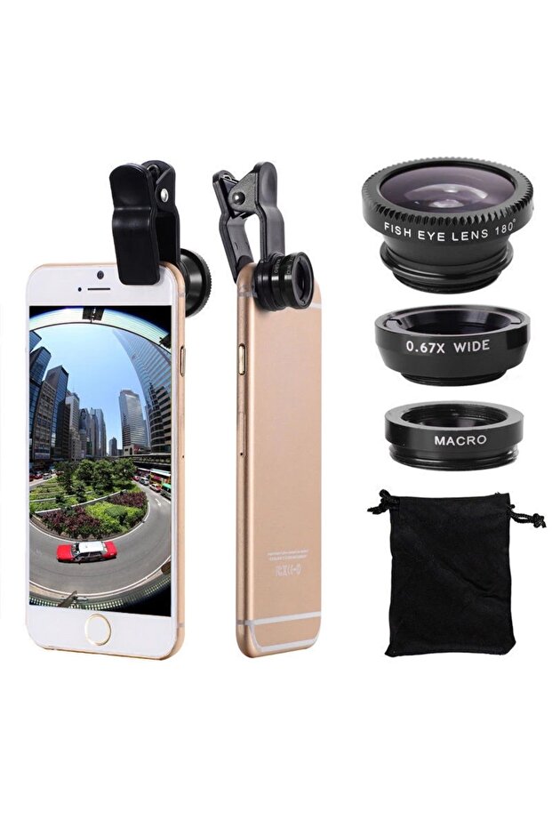 Black 3 in 1 Fisheye Phone Lens Wide Angle Zoom Lens Fish Eye Macro Lenses Camera Kits With Clip Len