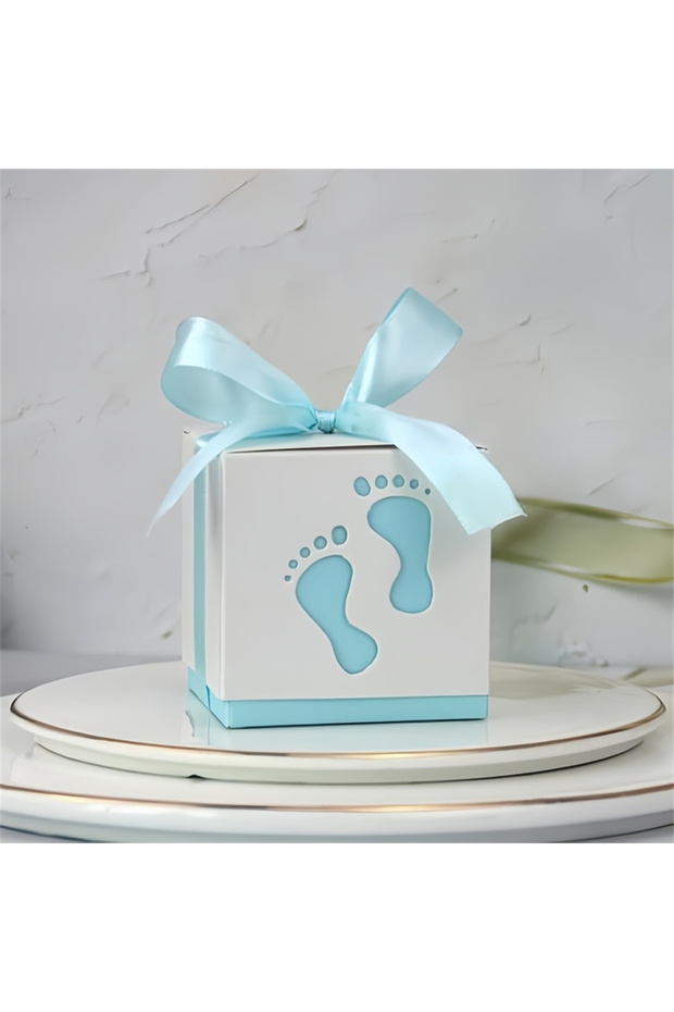 15pcs blue 15pcs Footprint Candy Box with Ribbon, Blue Pink Gender Revealing Party Gift Box with Cut