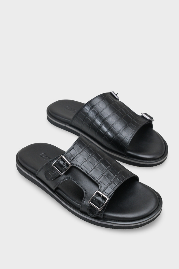 Aldrich Double Buckle Crocodile Patterned Genuine Leather Men's Slippers