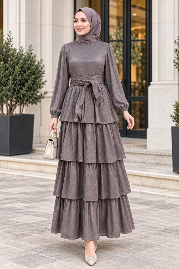 Layered Detailed Belted Alina Hijab Evening Dress-Brown