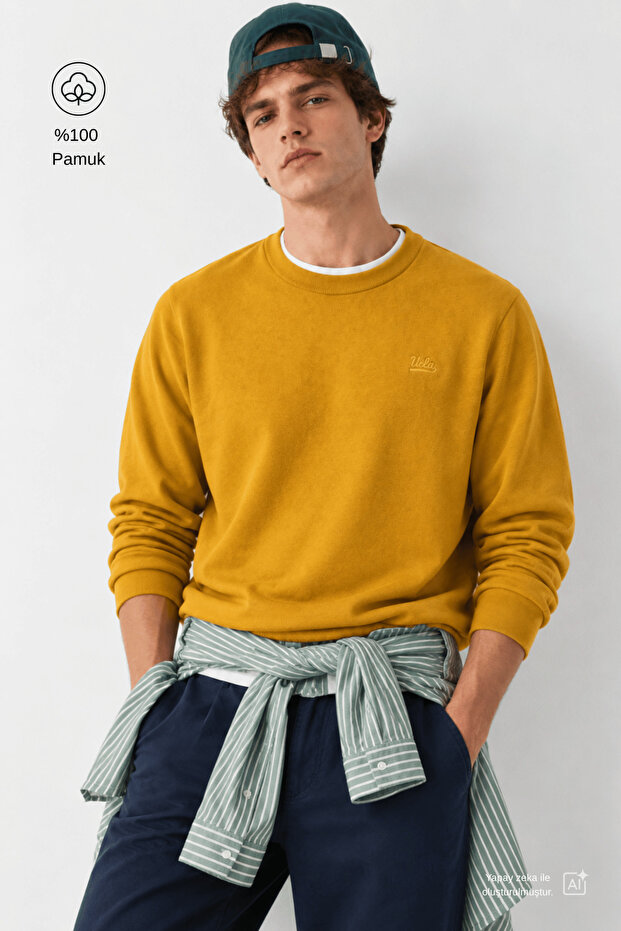 Sento Mustard Yellow Crew Neck 100% Cotton Embroidered Standard Fit Men's Sweater