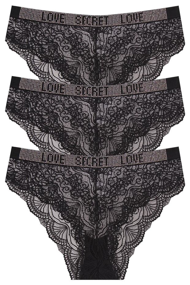 3-Pack Love Secret Written Waistband Lace Panties with Stones R3/5