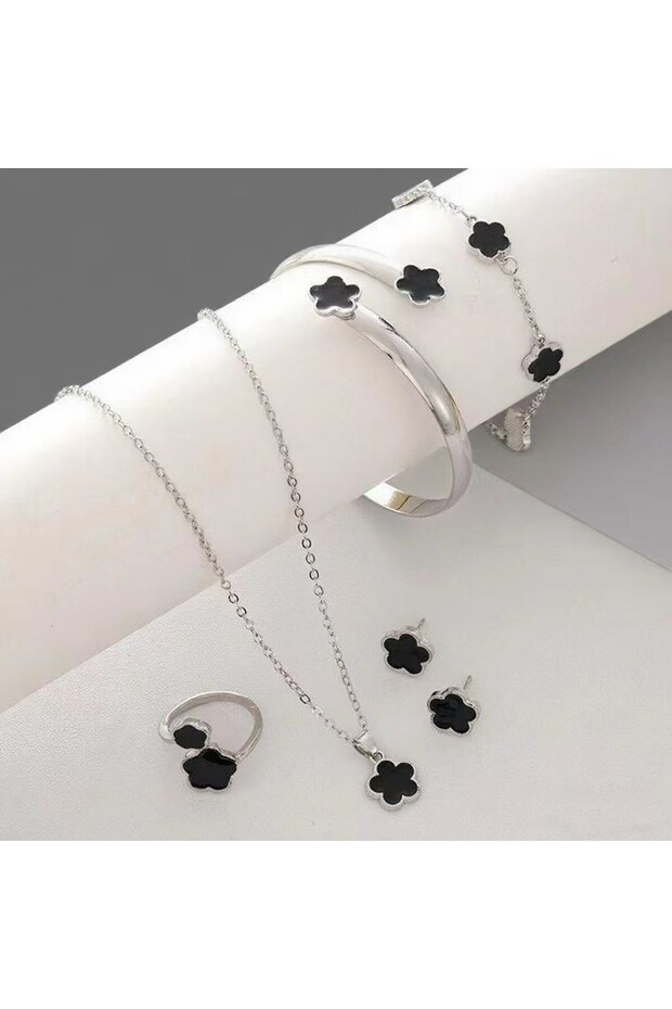 silver-black 5pcs Lucky Five-petal Flower Women's Jewelry Set, Fashion Flower Bracelet + Necklace +