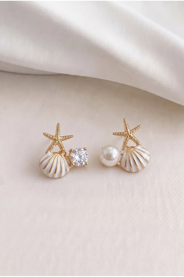 White Sea Themed Minimal Gold Color Women's Earrings