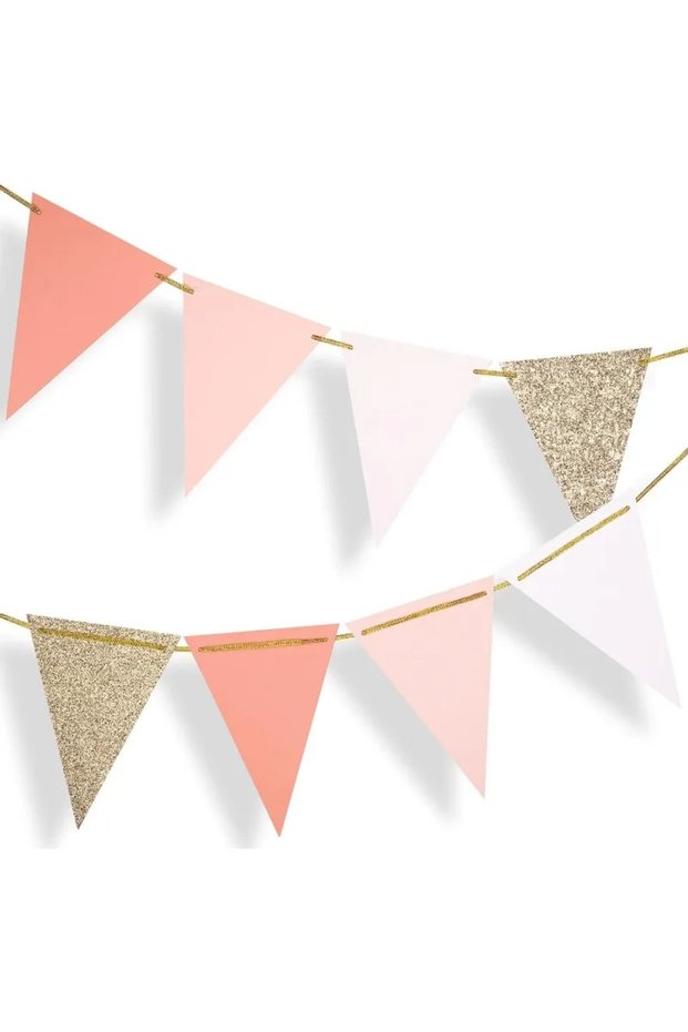 Pink White Champagne 10ft Vintage Pennant Banner Rose Gold Pink Party Decorations Paper Triangle Fla