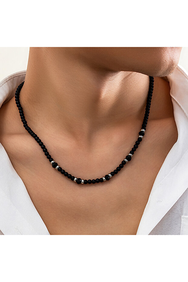 black Salircon Punk Black Crystal Bead Clavicle Necklace Men's Simple Ethnic Style Bead Chain Choker