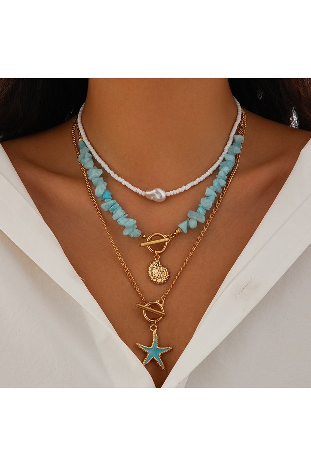 Necklace IngeSight.Z 3pcs/set Bohemian Conch Starfish Pendant Necklace for Women Trendy Rice Bead Li
