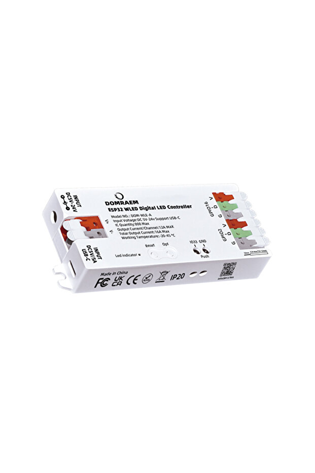 DOM-WLE-A White DOMRAEM ESP32 USB-C WLED Digital LED Controller RGB IC DIY APP 16A Fuse Works with H