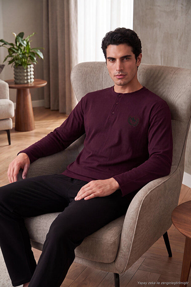 Soft Textured Buttoned Crew Neck Pajama Set Men's Pajama Set 6575011