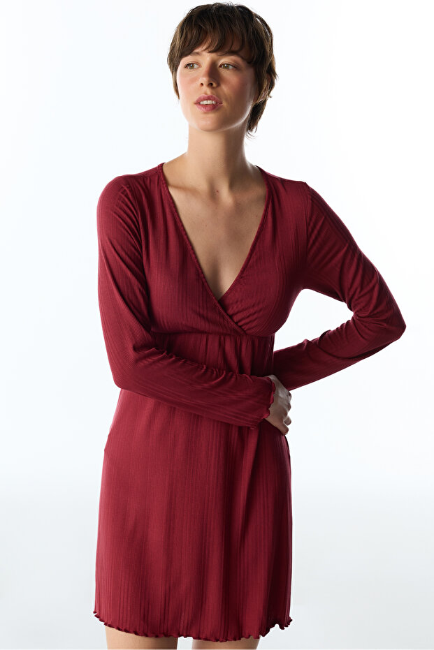 Burgundy Wool Ribbed Long Sleeve Nightgown