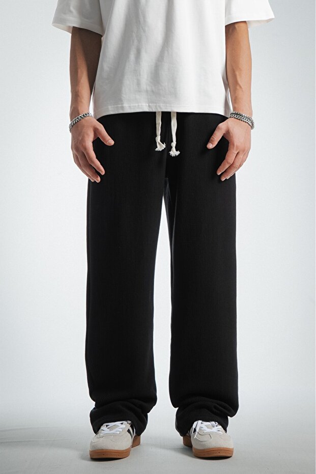 Black Waffle Fabric Baggy Men's Sweatpants