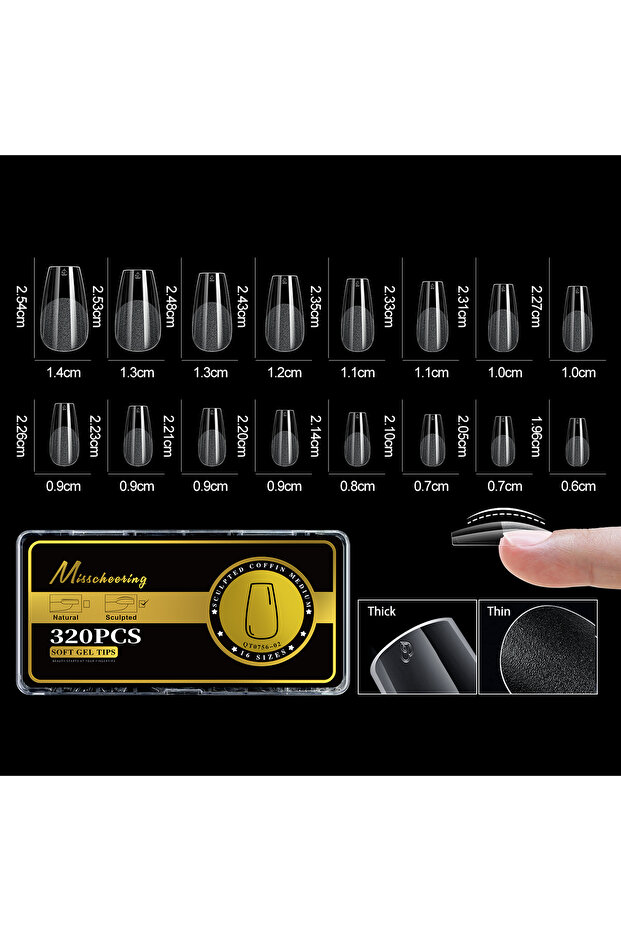 02-320pc-Coffin-M S-2XL Glossy False Nail Tips Sculpted Soft Gel Almond Coffin Stiletto Full Cover P