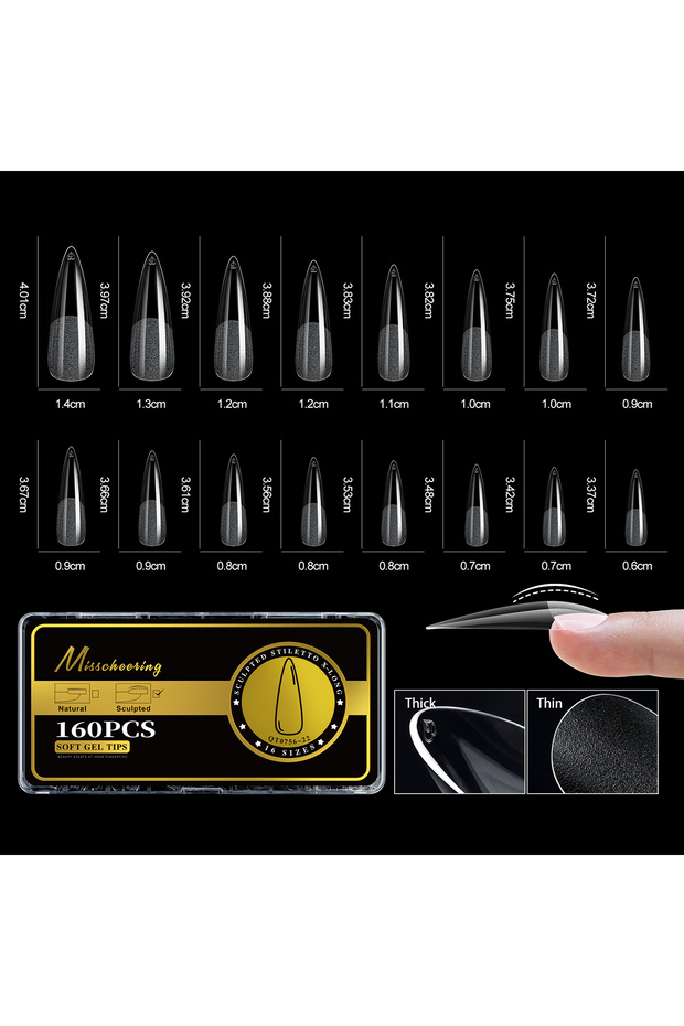 22-160pc-Stiletto-XL S-2XL Glossy False Nail Tips Sculpted Soft Gel Almond Coffin Stiletto Full Cove