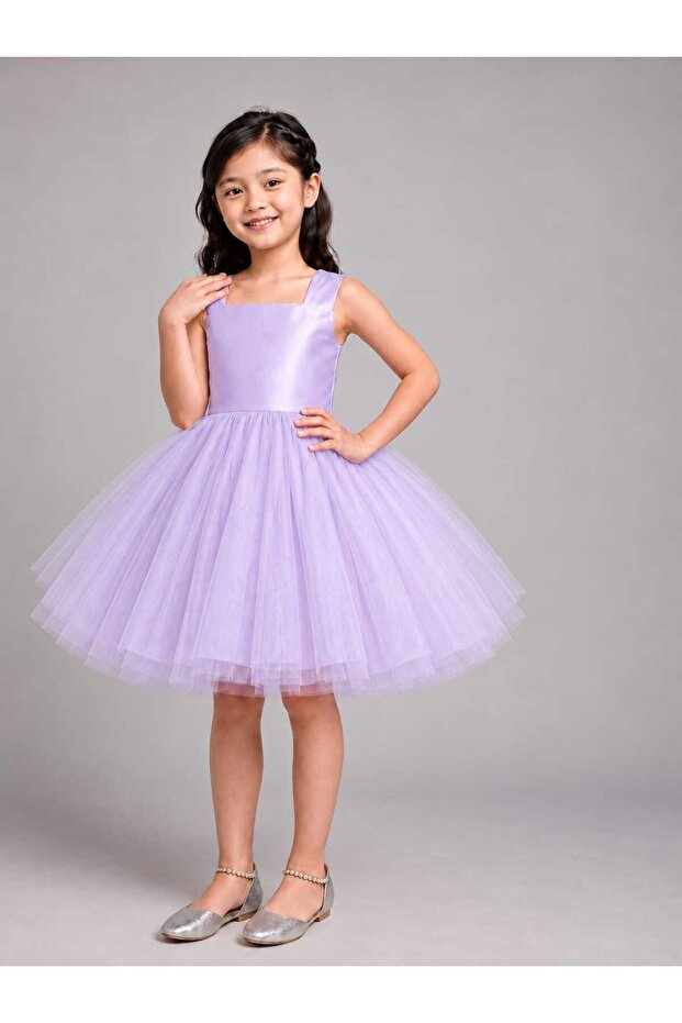 Girl's Square Neck Dense Tulle Short Birthday Dress