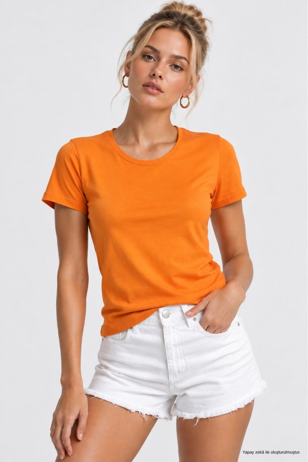 Women's Orange Cotton Crew Neck Short Sleeve T-Shirt
