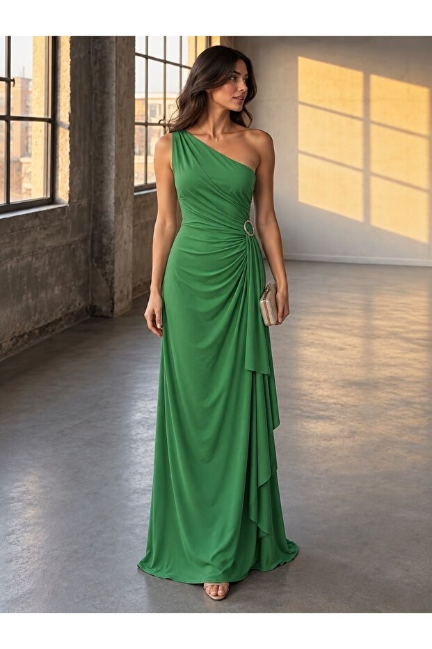 Green One-Shoulder Draped Long Evening Dress with Buckle Accessories 583423