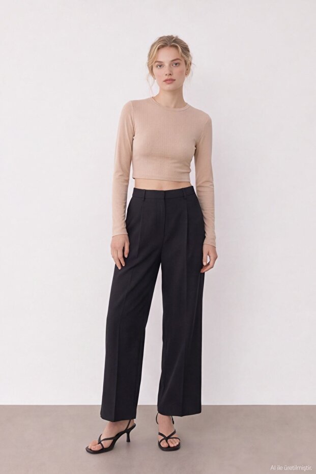 Crew Neck Long Sleeve Basic Crop Blouse