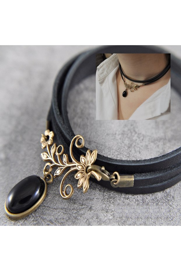 Black Genuine Leather Choker Necklace