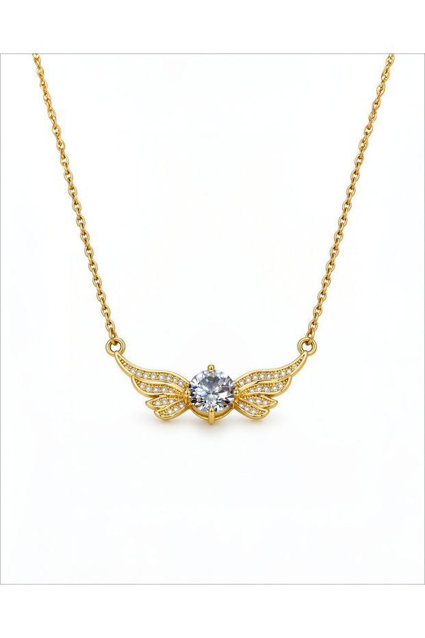 Zircon Stone Angel Wing 316L Steel Women's Necklace - Tarnish-Resistant Gold Chain 51 cm