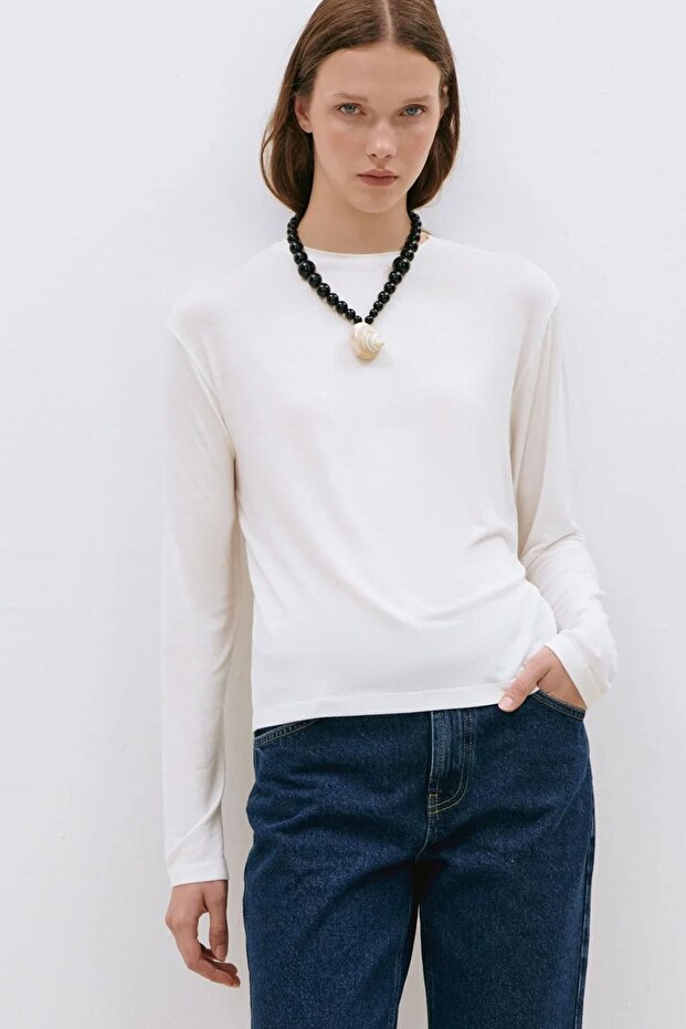 Ecru Naya Draped Long Sleeve T-Shirt