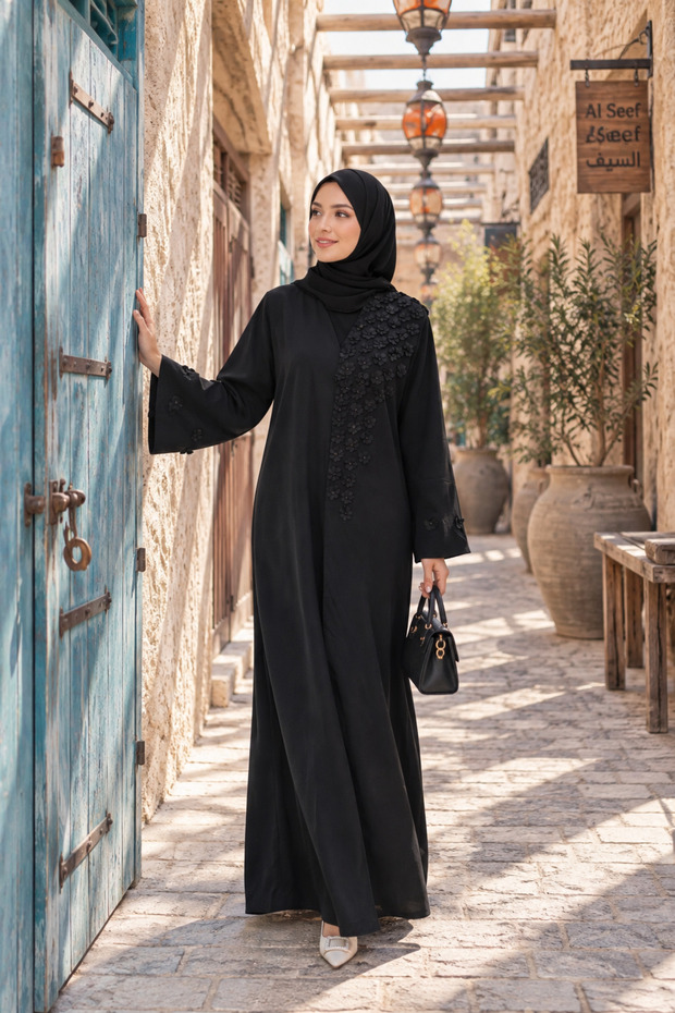 Floralina Abaya 2 n 1 – Elegant Buttoned Floral Embroidered Maxi Dress with Matching Hijab